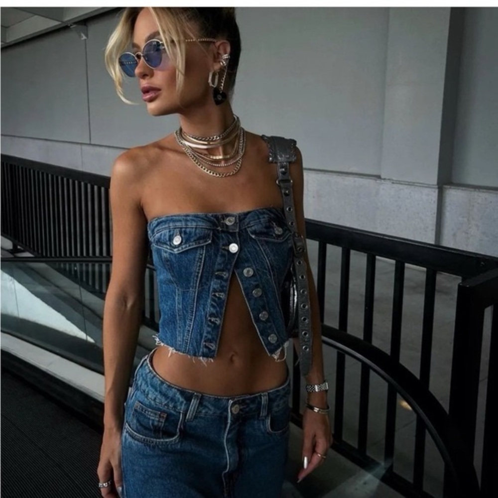 Zara crop top corset denim jeans button up